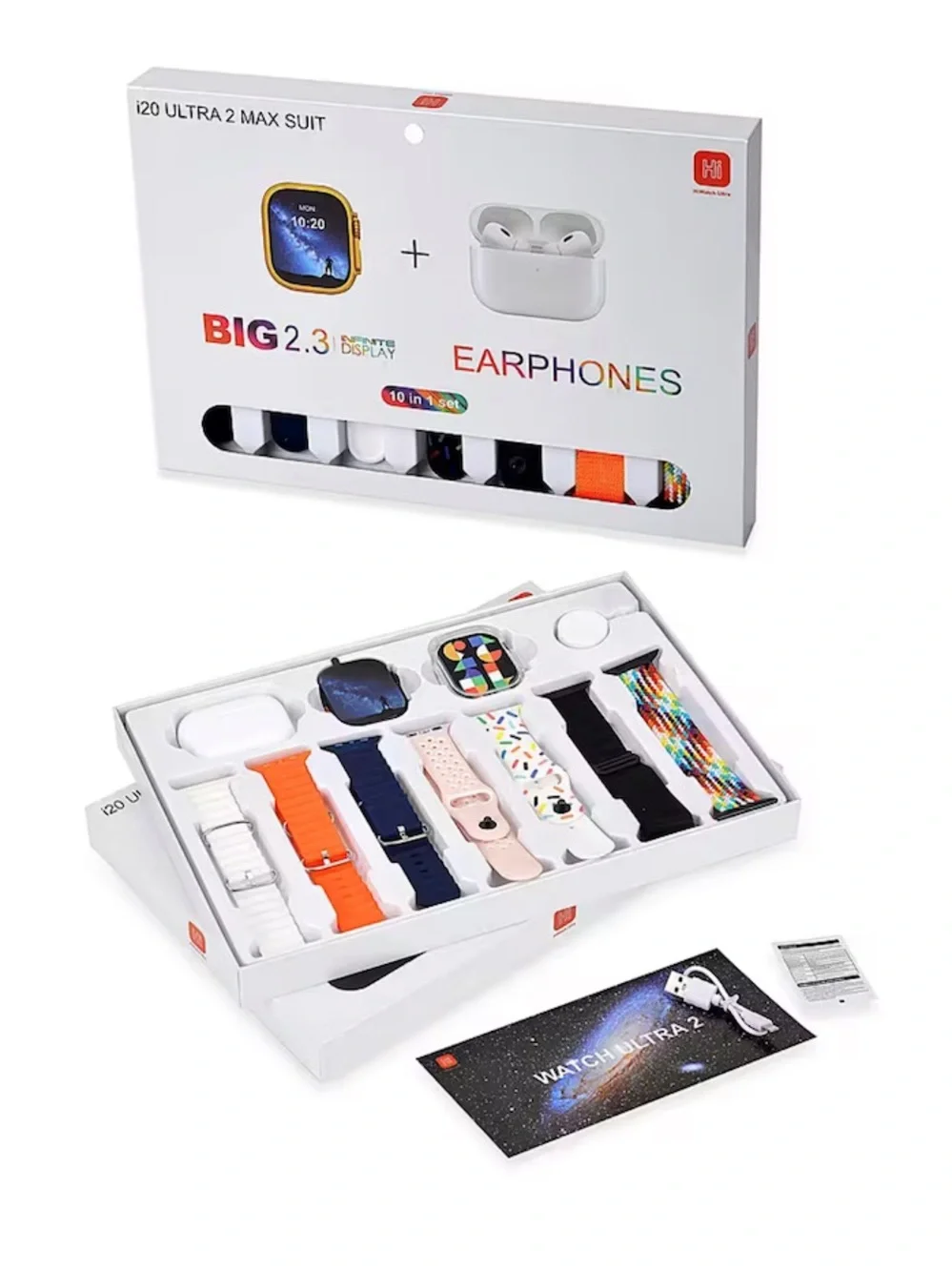 Smartwatch & Earphones Bundle - White with Multi-Color Bands